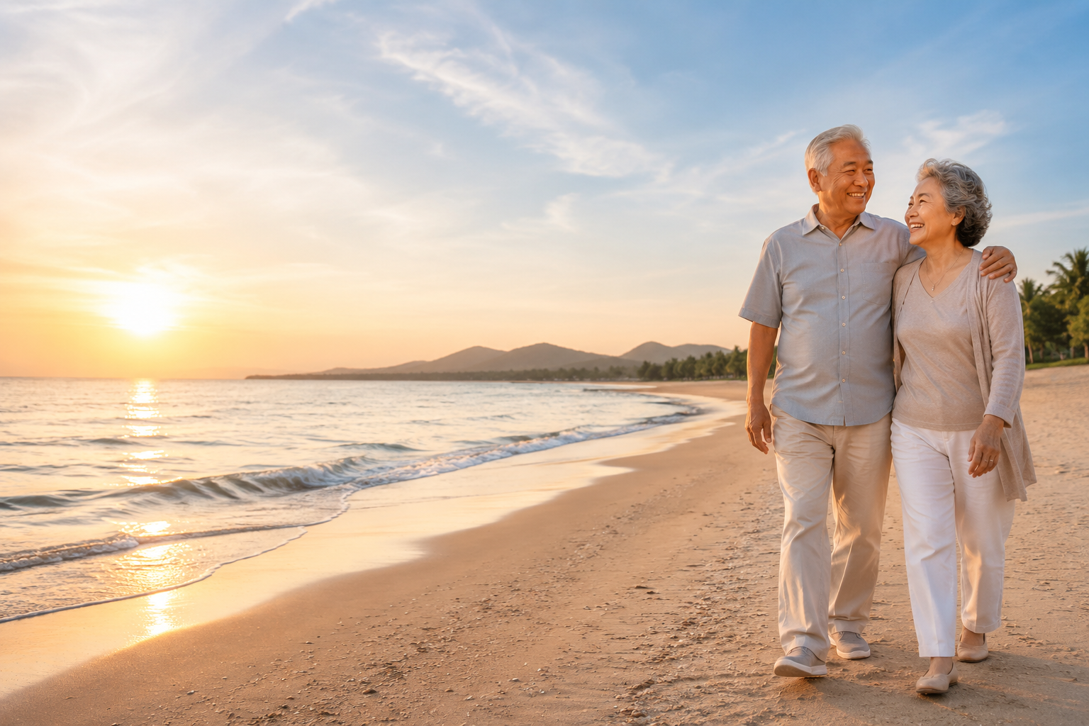 A retired couple enjoying later life together on the beach